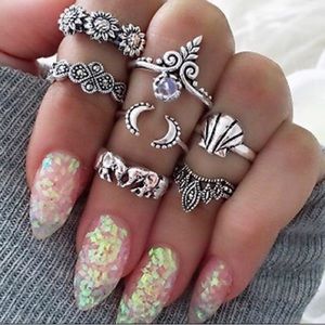 7 pc Silver Rustic Elephant Seashell Ring Set